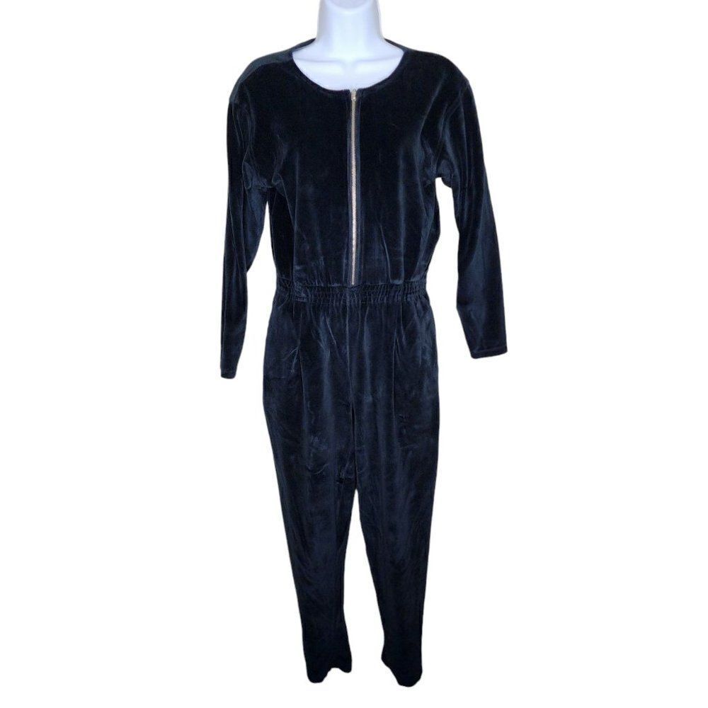 Vintage 80s Jumpsuit Womens Size Small Black Velvet Full Zip Front